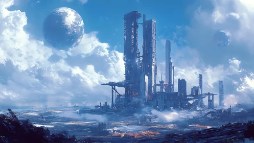 Vertical megastructure complex rises amid stratified alien clouds