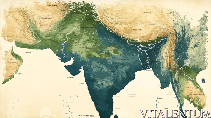 Inviting watercolor map of the Indian subcontinent&rsquo;s landscapes.