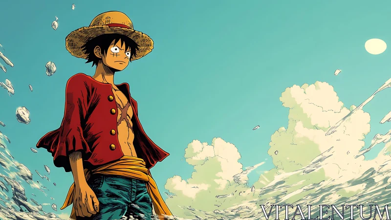 Straw hat character standing in shallow sea under clear sky.