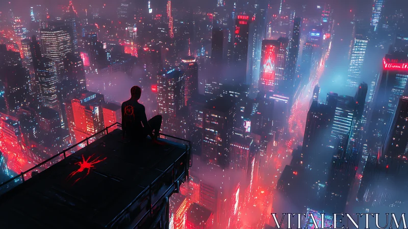 Neon-soaked watcher quietly redraws the city in electric haze