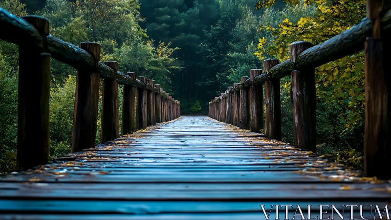 Wooden forest footbridge in deep perspective composition.