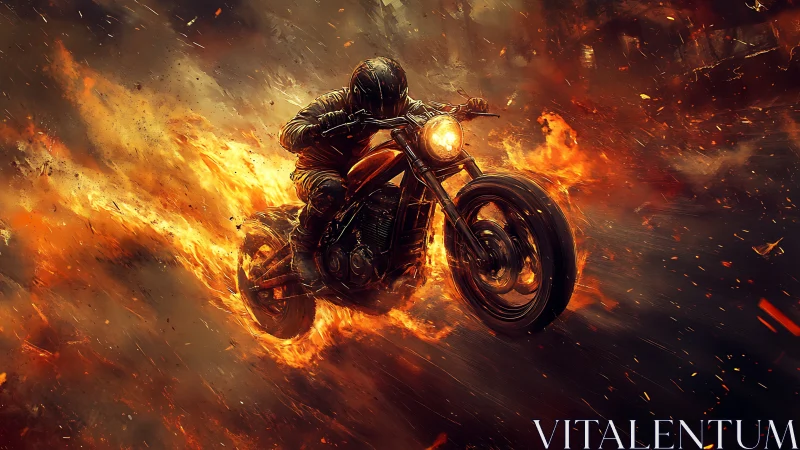 Motorcycle rider in flame-trail sprint through infernal roadway