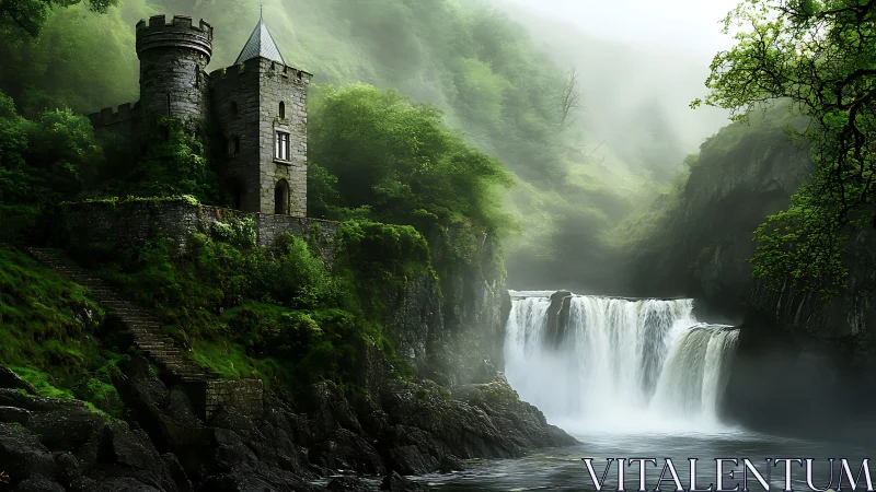 Fortified stone tower overlooking mist-sheathed waterfall gorge.