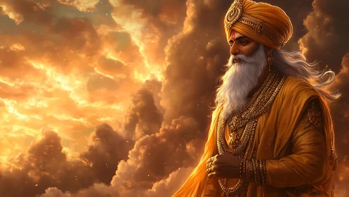 Regal elder in golden robes against glowing storm clouds.