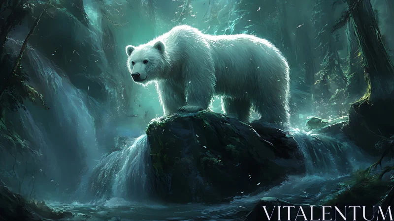 White bear standing over misty forest waterfall at dusk.