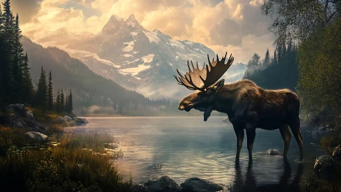 Majestic river moose beneath storm-kissed alpine crowns.