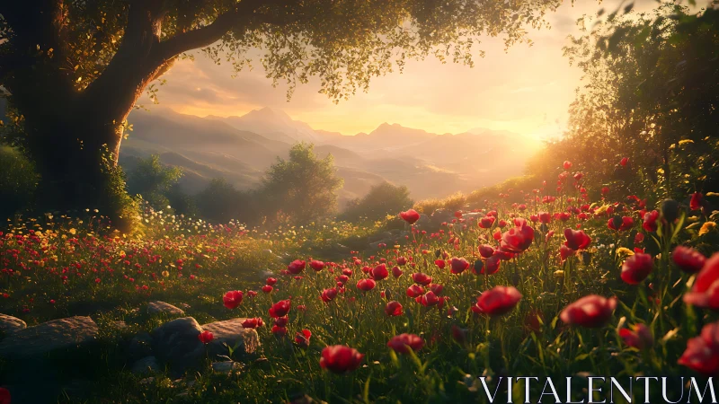 Sunlit poppy meadow slopes toward distant mountain horizon.