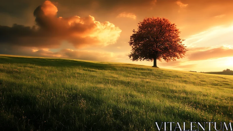 Solitary ember tree leans into a hillside made of quiet light