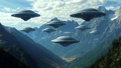 UFO fleet hovers over deep green alpine mountain valley.