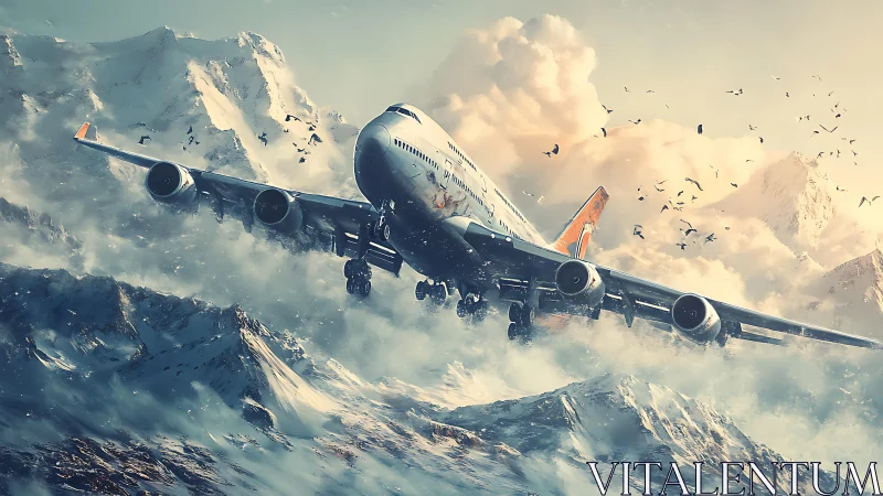 Jetliner storms through icy mountain pass in blizzard light.