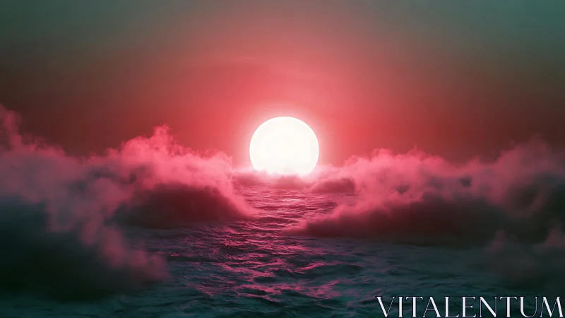 Digital horizon shows luminous sun above stylized ocean waves