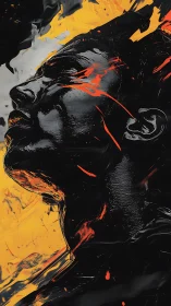 High-contrast acrylic portrait isolates a glossy black profile against firelike yellow