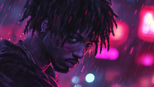 Digital portrait depicts person in neon city rain at night