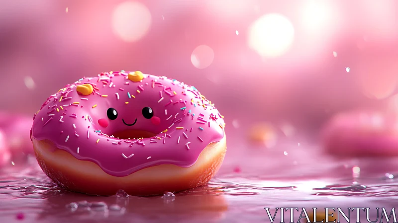 Smiling pink frosted donut character on glossy surface.