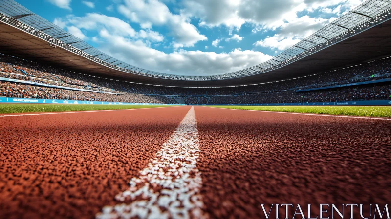 Stadium sprint lane under dramatic sky with low angle focus.
