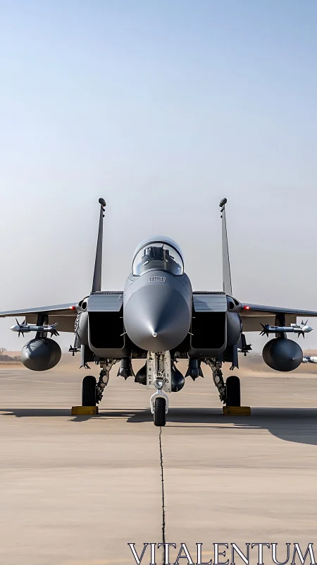 Front-on tactical jet fighter with symmetrical runway alignment.