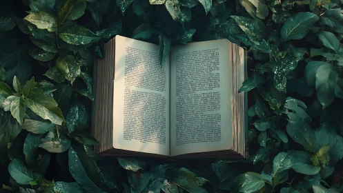 Aged botanical text block embedded in dense leaf substrate.