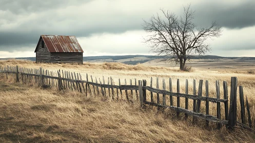 Quiet country cabin and lone tree under brooding skies.