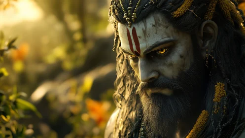 Divine warrior portrait with glowing eyes and ritual markings.