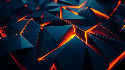 Geometric lava panels emit vivid orange internal glow.