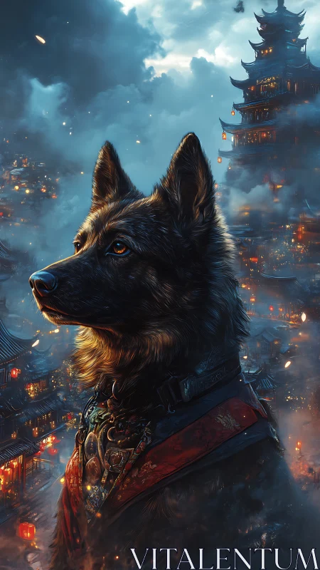 Regal canine sentry amid neo-feudal lantern cityscape at dusk.