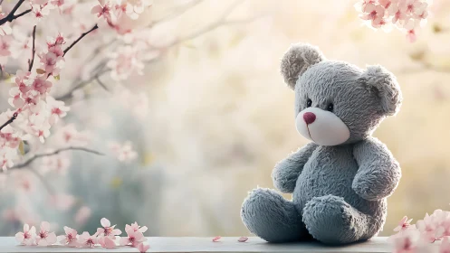 Soft toy bear in pastel blossom setting, photorealistic rendering.