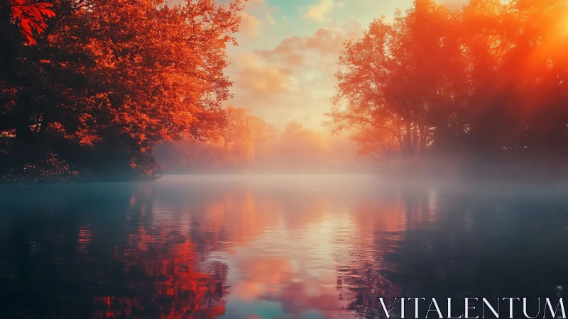 Autumn forest lake under low mist and warm sunrise light.