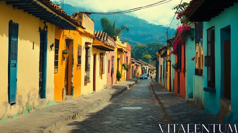 Cobblestone rainbow street humming beneath misty mountains.