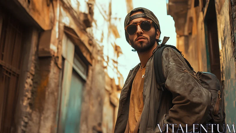 Urban drifter in sunlit alleyway, wrapped in rugged cool.