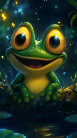 Wide-eyed cartoon frog smiles by glowing forest pond.