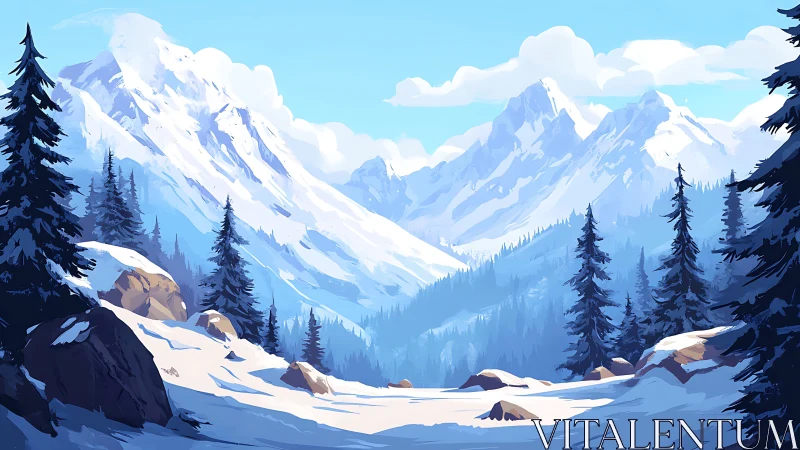 Snowlit alpine valley dreaming beneath towering winter peaks.