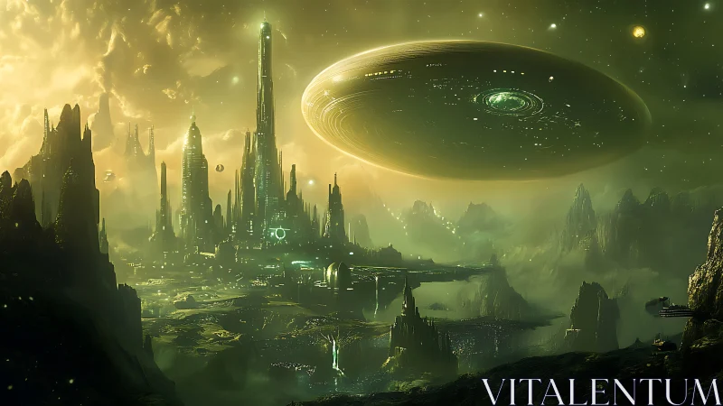 Golden alien city under a vast glowing cosmic halo.