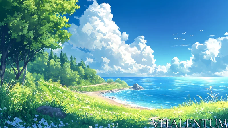Luminous coastal meadow in serene anime landscape design.