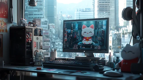 Neo-Tokyo desktop studio with kawaii maneki-neko screens.