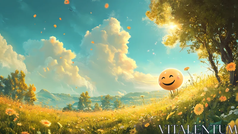 Smiling yellow balloon stands in bright flower meadow at sunset
