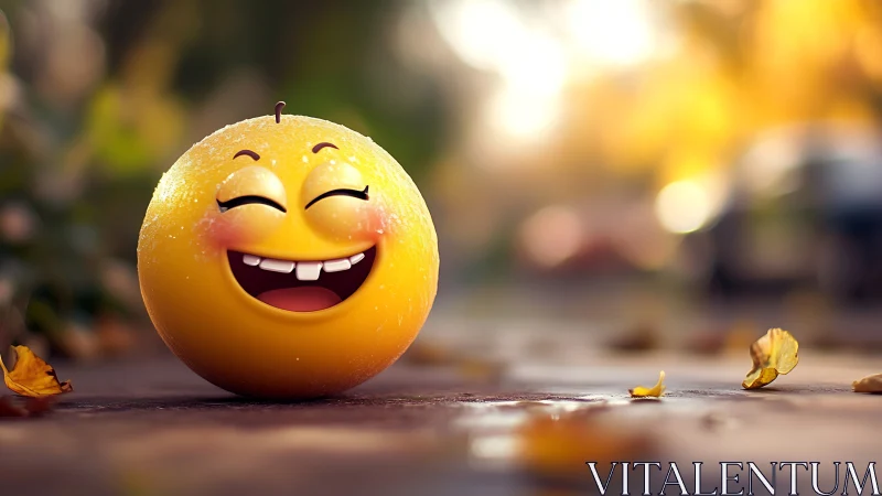 Laughing emoji orange brightens a soft autumn sidewalk.