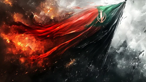 National flag artwork amid firestorm and rising smoke.