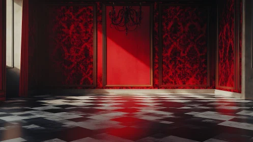 Red baroque interior with angled light cutting across floor