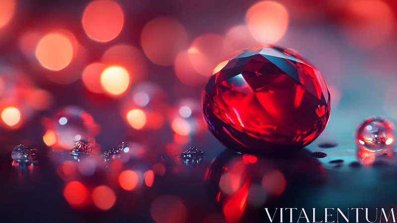 3D macro study of faceted red gemstone with bokeh lights.