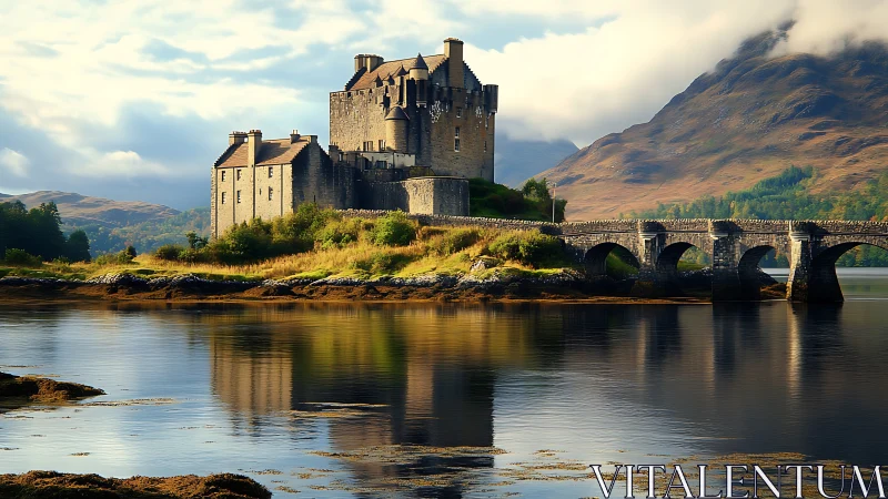 Scottish Castle Lakeside Estate: Stone Fortification with Arched Bridge