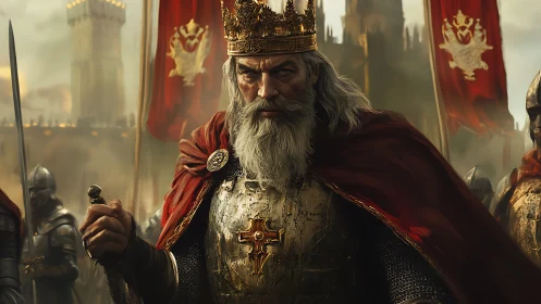 Armored sovereign in crimson cloak before fortified citadel.