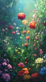 Luminous Dahlia Garden: Radiant Florals Against Turquoise Atmospheric Depth.