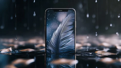 Featherlit smartphone dreaming in rain-drenched reflections.