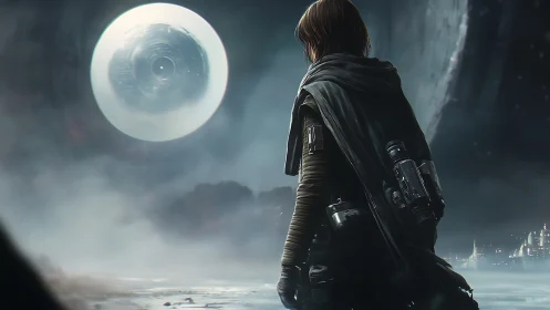 Lone wanderer watching a silent moon of hidden machines.