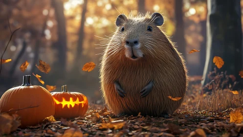 Rodent stands near carved pumpkins in shallow forest scene