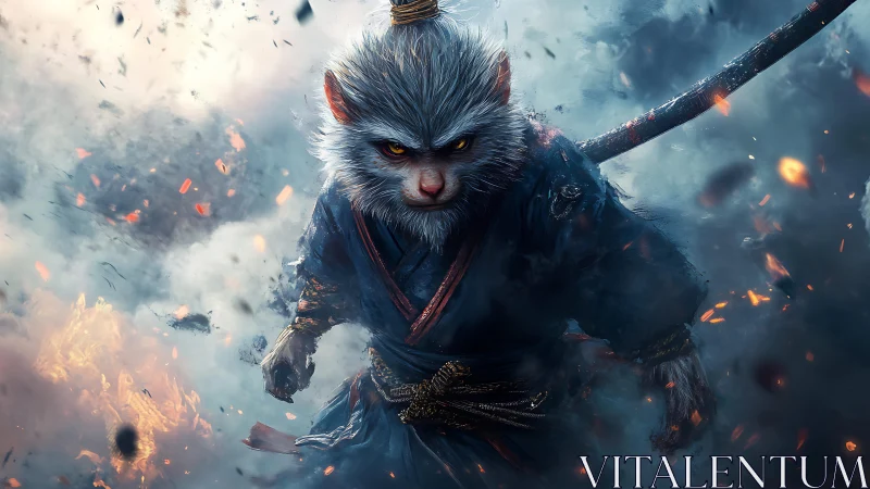 Warrior monkey strides through smoke and embers in battle.