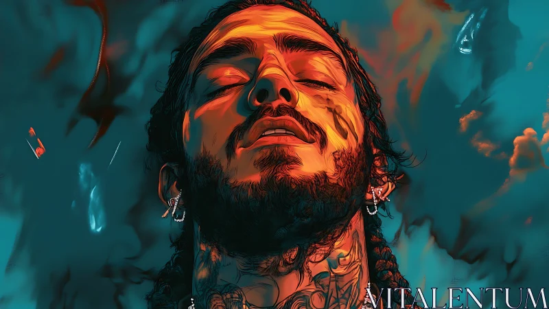 Digital portrait of male figure with closed eyes in teal field.