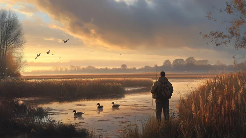 Hunter surveys dawn wetland under luminous stratiform clouds