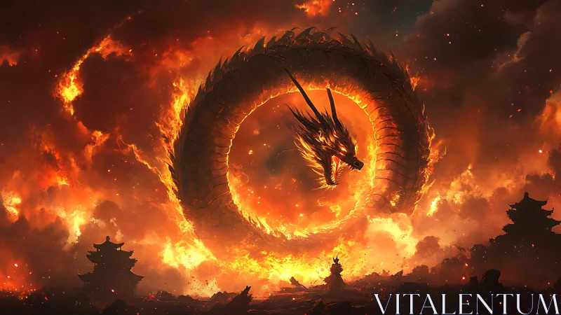 Fiery serpentine dragon coils above burning pagoda landscape