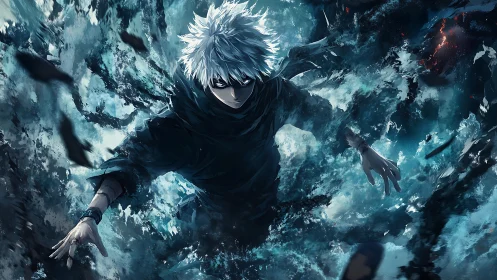 White haired figure in dark swirling blue abstract space.